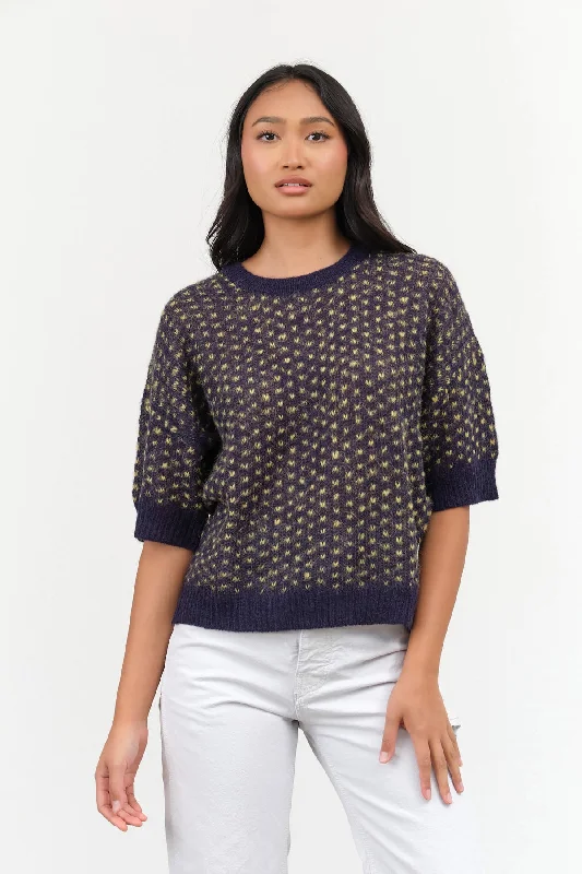 Kuovi T-Shirt Sweater in Navy Multi Plaid Sweater Polka Dot Checkered