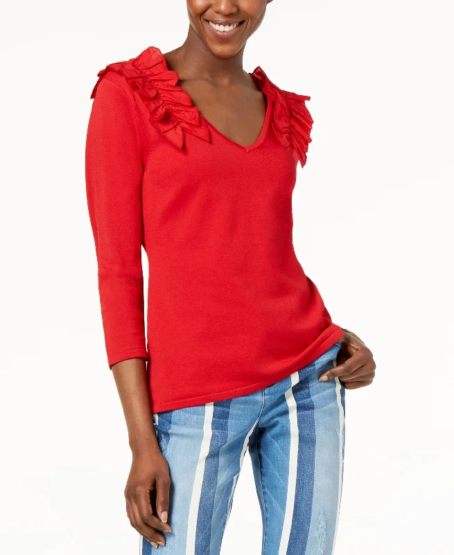 Ruffled V Neck Sweater Fitted Slim Tailored