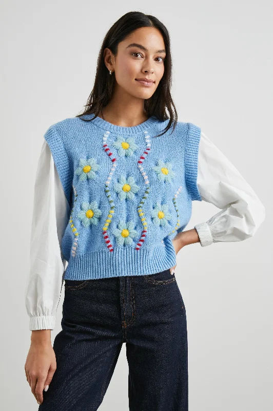 TESS SWEATER - BLUE CABLE DAISIES Real Fur Shearling Chenille