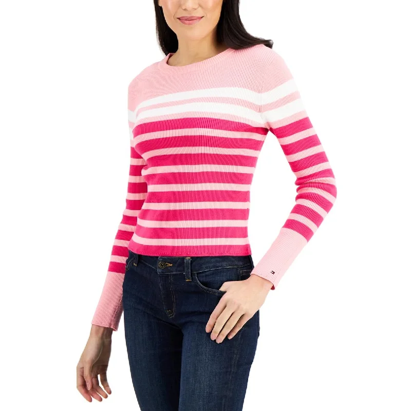 Tommy Hilfiger Womens Ribbed Striped Crewneck Sweater Tailored Straight A-Line