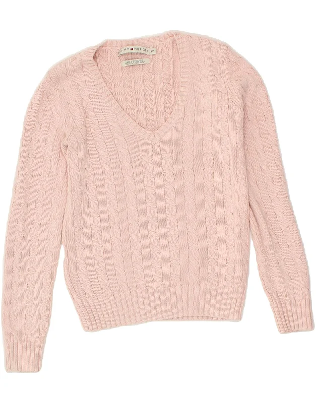 TOMMY HILFIGER Womens V-Neck Jumper Sweater UK 10 Small Pink Zippered Buttoned Snapped