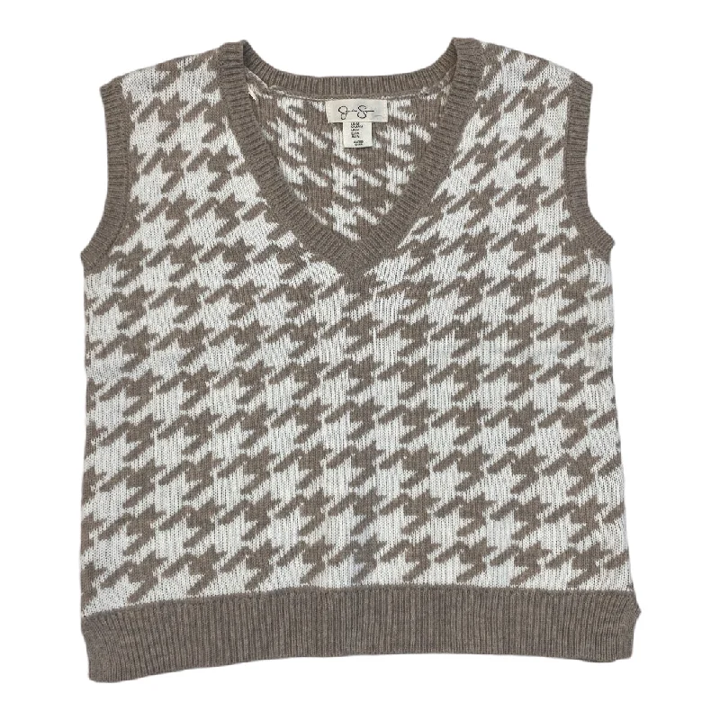 Vest Sweater By Jessica Simpson In Brown & White, Size: M Ribbed Striped Patterned