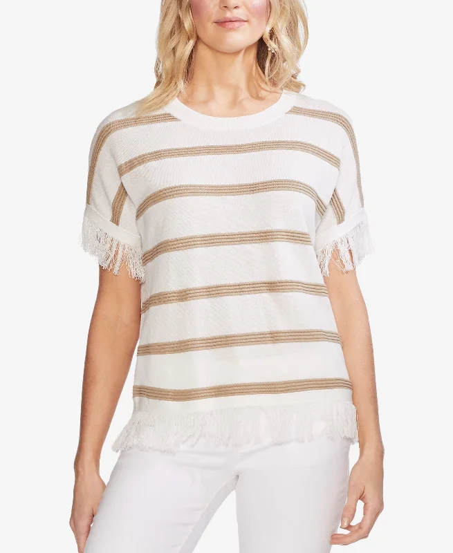 Vince Camuto Striped Fringe Trim Sweater Long Sweater Short Sweater Cropped Sweater