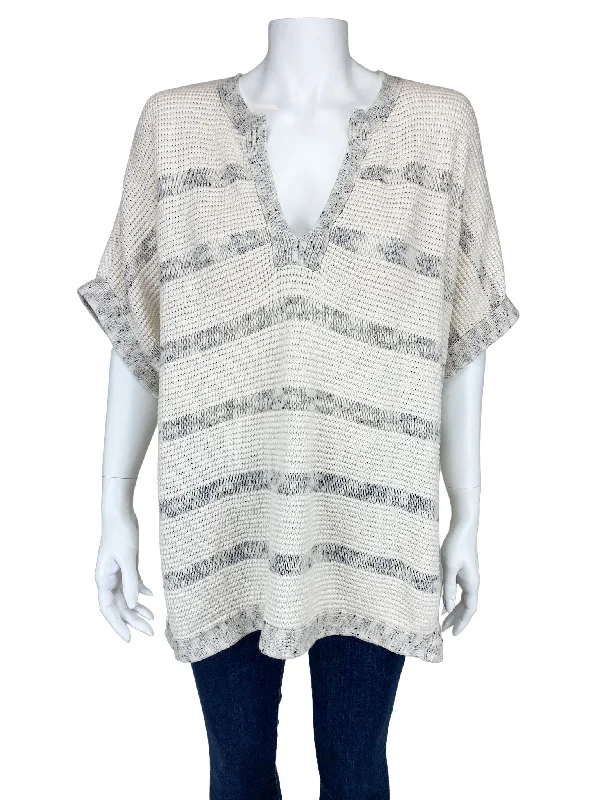 Vince, Women's Cotton Textured Sweater, Ivory/Grey, Size M/L Fleece Sweater Nylon Polyester