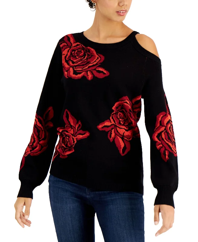 Willow Drive Floral Print One Cold Shoulder Sweater Chenille Blend Fleece Blend Nylon Blend