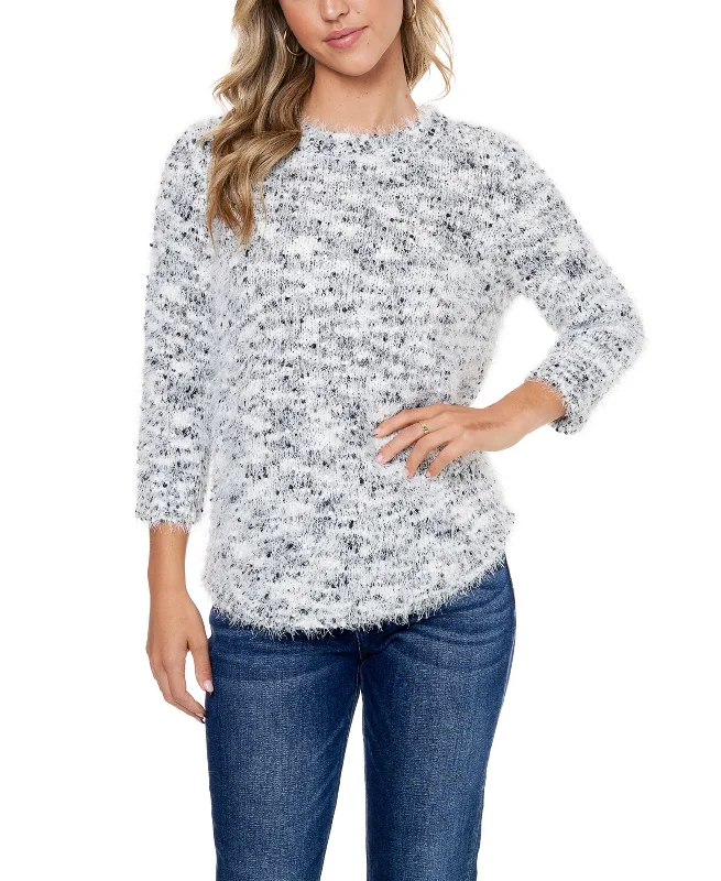 Womens Feather Popcorn Crew Neck Rounded Hem Sweater Knit Fabric Woven Fabric Fleece Fabric