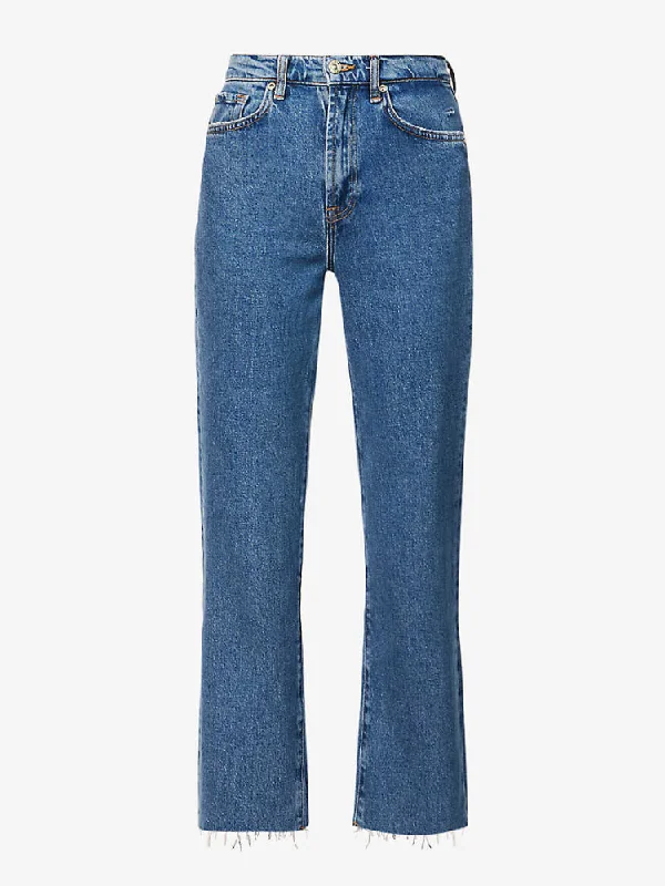 7 For All Mankind Logan Stovepipe Blaze Jeans with Raw Cut Hem Fashionable Distressed Jeans
