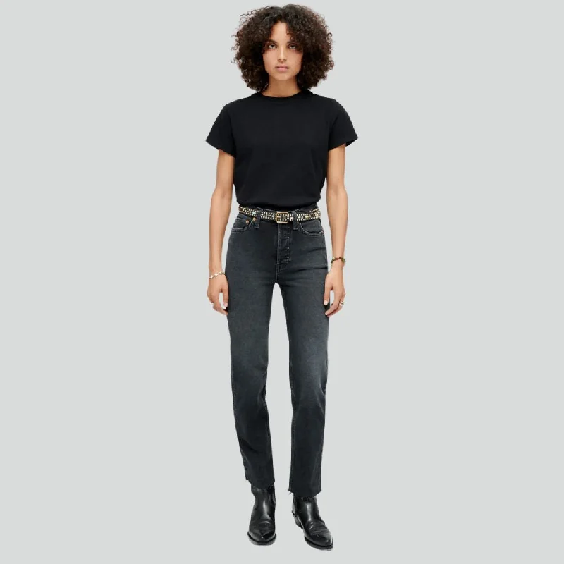 70s Stove Pipe Jeans (Washed Noir) Trendy Low-Rise Bootcut Jeans
