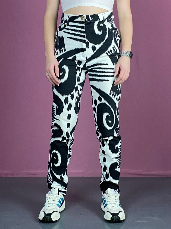 90s Christian Llinares Vintage Women's Abstract Jeans - S White & Black Cotton Fashionable Raw Hemmed Jeans 90s Christian Llinares Vintage Women's Abstract Jeans - S White & Black Cotton Fashionable Raw Hemmed Jeans