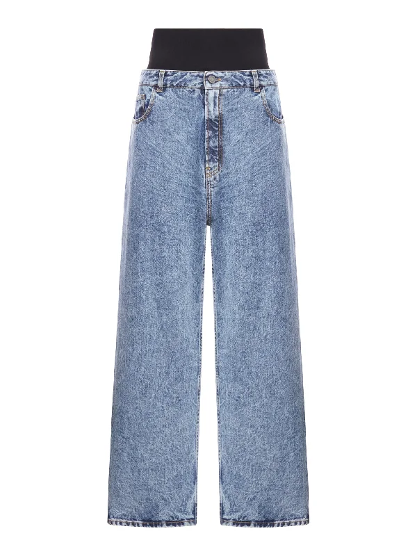 SNOW DENIM JEANS WITH KNIT BAND Trendy Wide-Leg High-Waist Denim