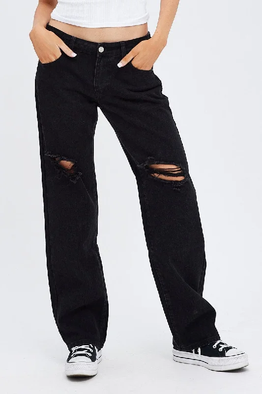 Black Straight Jeans Low Rise Trendy Layered Pocket Jeans