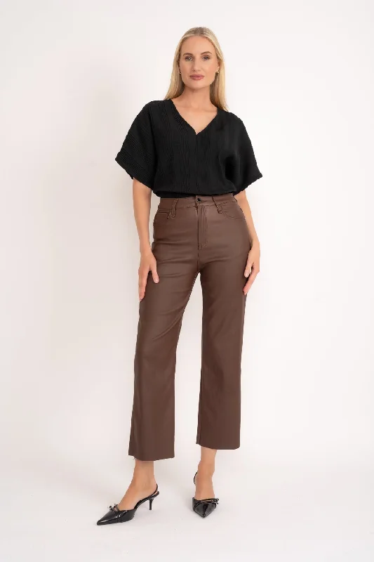 Brown Seamless Faux Leather Jeans Classic Slim Fit Jeans
