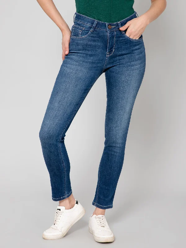 Women's Casual Skinny Fit Mercerised Blue Medium Fade Mid rise Jeans Comfortable Drawstring Waist Jeans