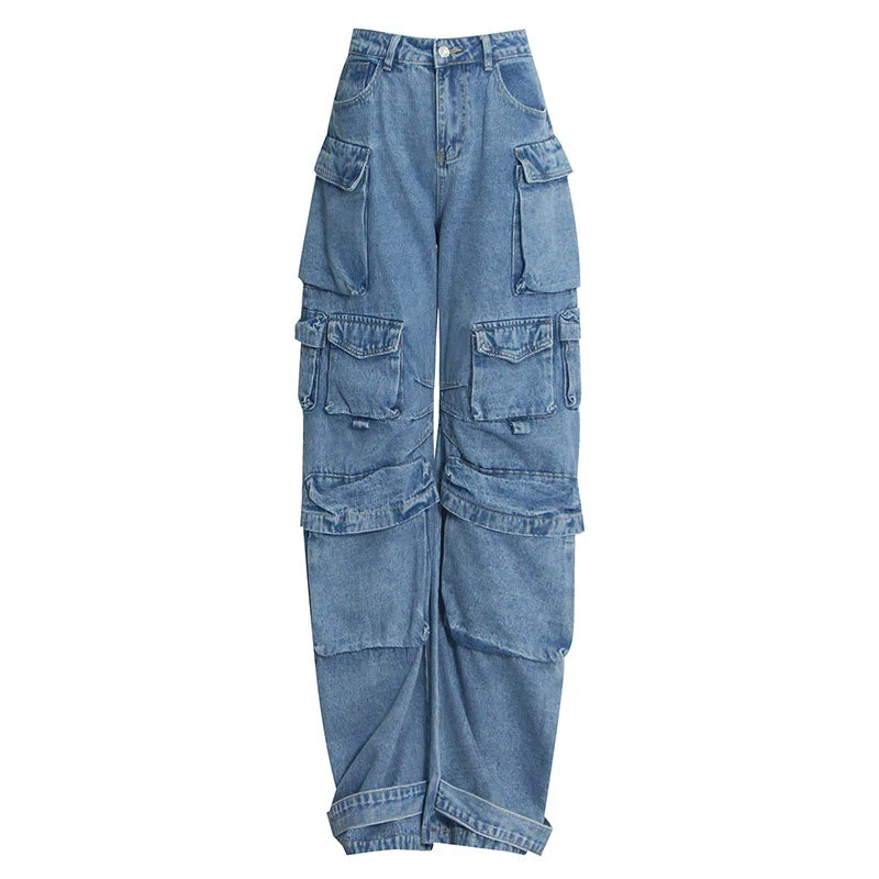 Cool Multiple Pocket Detail High Waist Wide Leg Cargo Jeans Fashionable Mom Jeans