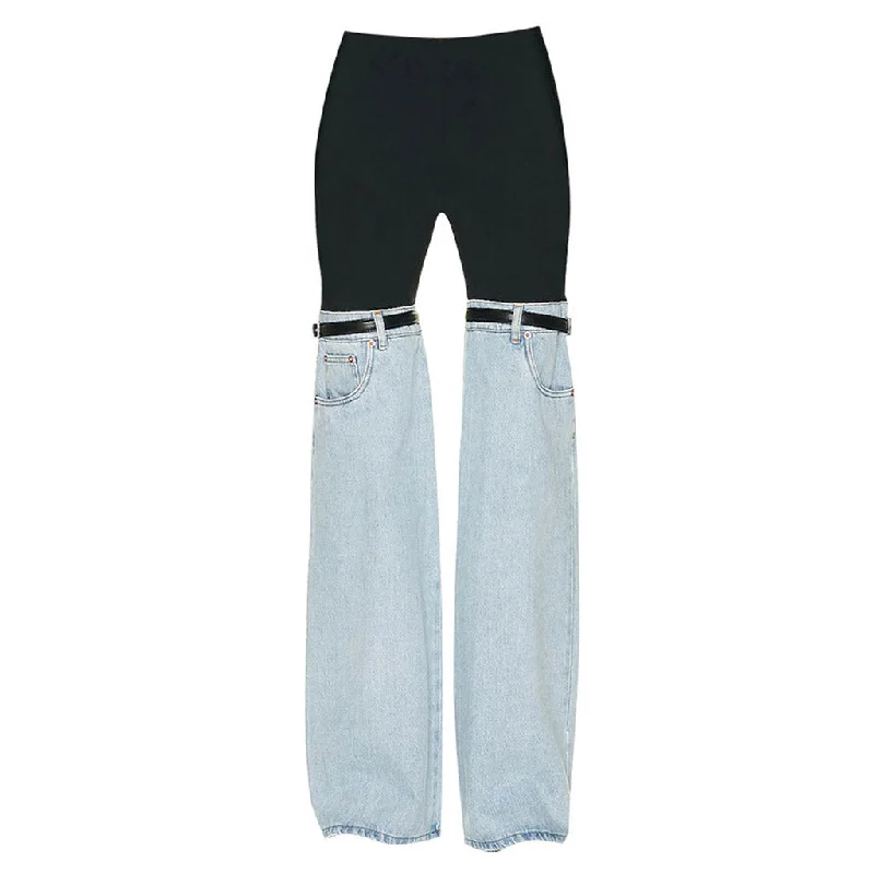 Edgy Stretched Panel Mid Waist Belted Hybrid Flared Jeans Trendy Classic Fit Jeans