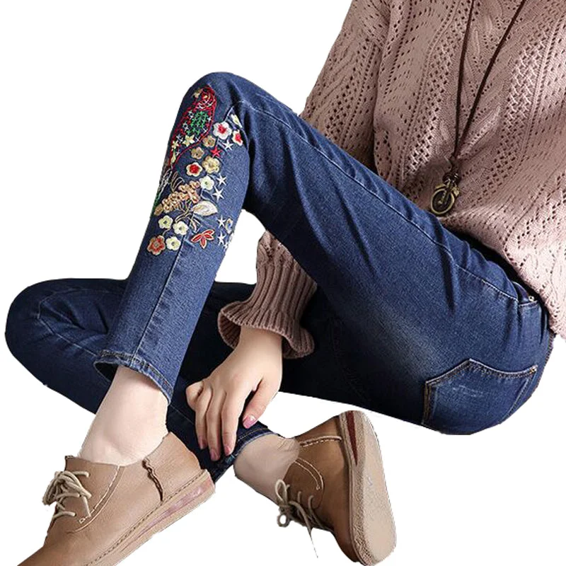 elastic boyfriend for women jeans woman 2018plus size push up skinny jeans slim stretch denim pants with embroidery femme ladies Comfortable Faded High-Rise Jeans