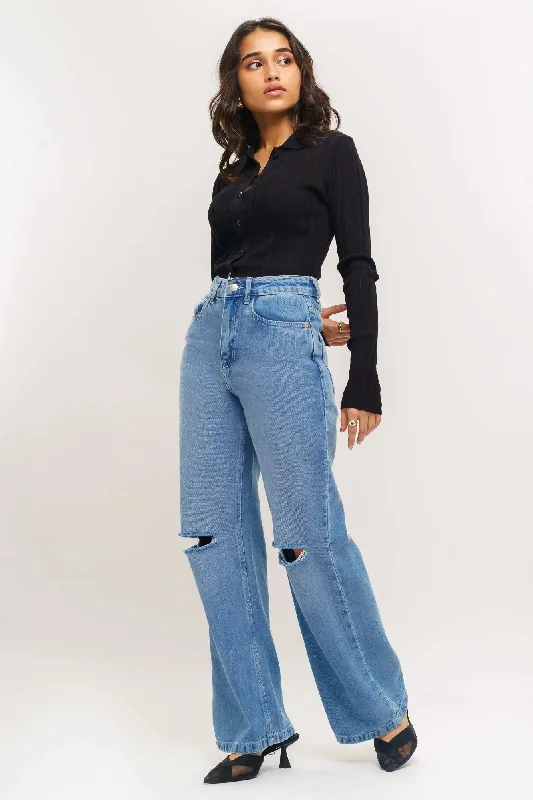 Blue Faded Distressed Wide Jeans Stylish Plus Size Denim Jeans