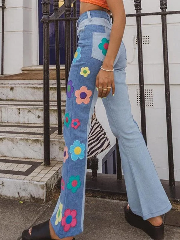 Floral Patchwork Flared Jeans Casual Loose Fit Jeans