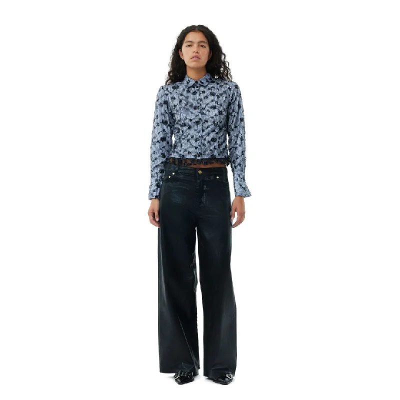 Foil Denim Wide Jeans (Black) Trendy Button-Up High-Waist Jeans
