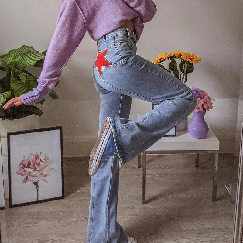 Hylda Star Patchwork High Waisted Jeans Comfortable Faded High-Rise Jeans
