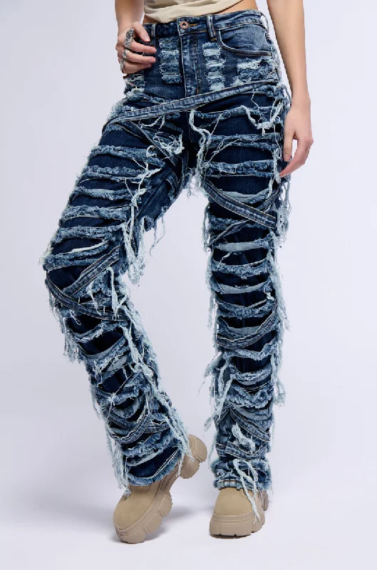IMANI SUPER DISTRESSED RELAXED FIT JEANS IN DARK BLUE Chic Rolled Cuff Denim Jeans