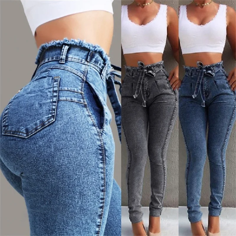Laamei 2019 Summer High Waist Jeans Women Streetwear Bandage Denim Plus Size Jeans Femme Pencil Pants Skinny Jeans Woman Comfortable Distressed Straight-Leg Jeans