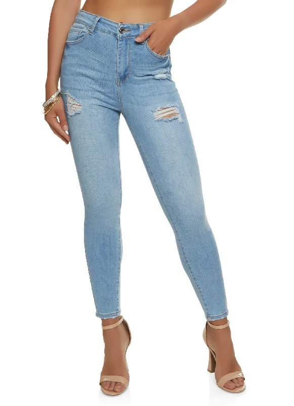 WAX Basic Distressed High Waist Skinny Jeans Trendy Low-Rise Slim Jeans