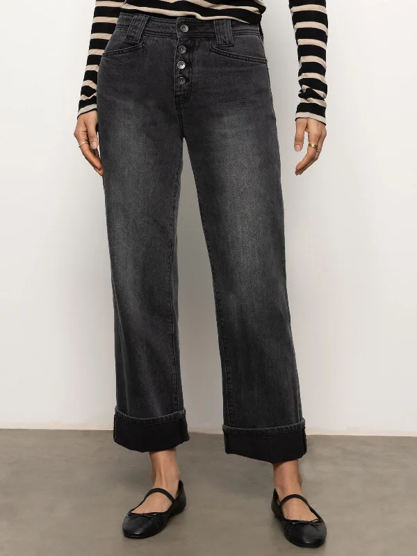 Luna Cuffed Standard Rise Jeans Dark Smoke Stylish Stone-Wash Denim Jeans