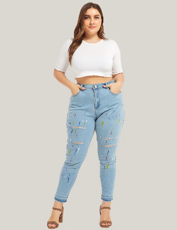 M-4XL Plus Size Skinny Jeans Women Casual Hole Denim Jeans Nature Waist Pencil Pants Washed Summer Mom Jean Femme Pants Trendy Classic Fit Jeans