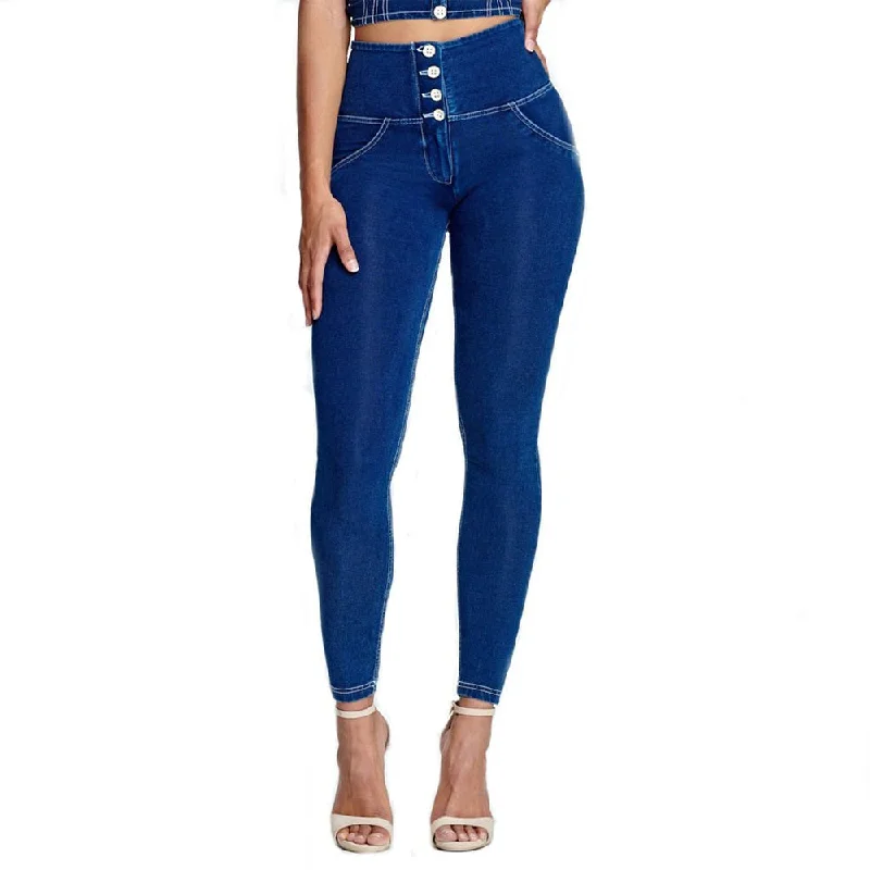 Melody 4 Buttons Fly Dark Blue Denim Jeans High Waist White Stitching Skinny Slim Women Pants Push Up XXXL Plus Size Jeans Femme Comfortable Boyfriend Jeans