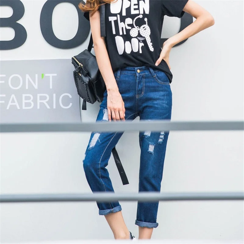 New Jeans For Women Plus Size Cotton Fashion Hole Feet Design Jeans Simple Summer Style Loose Jeans Ankle-Length Pants Hole Cool Casual Bootcut Ripped Jeans