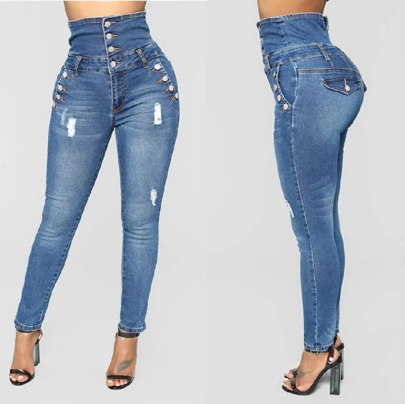 New Plus Size Stretch Jeans Women Hole Denim High Waist Jeans Buttons Female Pant Slim Elastic Blue Skinny Pencil Pant Trendy Colored Denim Jeans