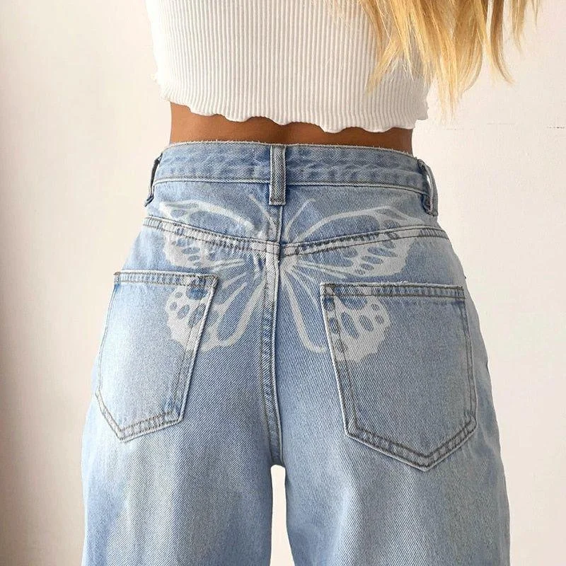 Nikolett Butterfly Loose Straight Jeans Fashionable Cropped Denim Jeans