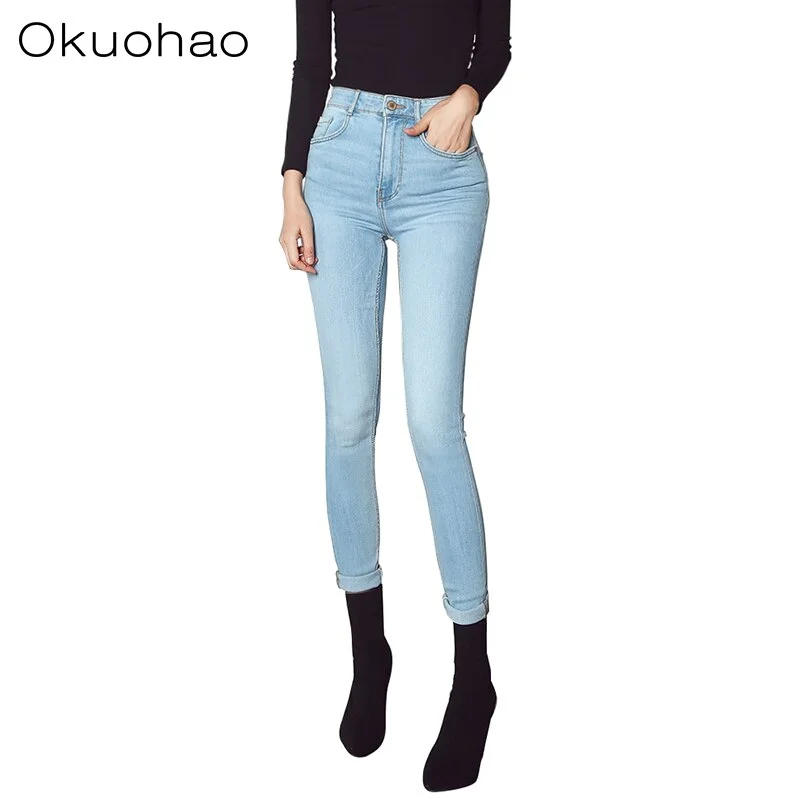 Okuohao 2019 Women Push Up Jeans Plus Size Women Pants High Waist Full Length Women Casual Stretch Skinny Pencil Women Pants Stylish Slim Fit Denim