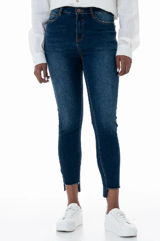 Rf12 Mid Rise Skinny Jeans _ 152637 _ Dark Wash Fashionable Raw Edge Jeans