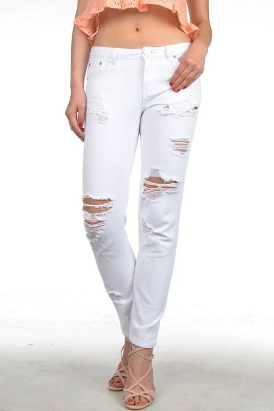 Signature 8 Relaxed Fit White Jeans IP629W Chic Rip-Detail High-Waist Jeans