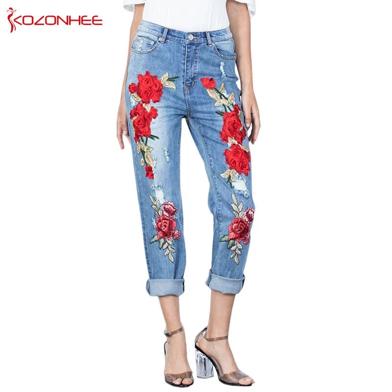 Stretching 3D Torn Jeans With Embroidery Rose Flower Elastic Jeans Women's With  Female Large Size Classic Black Denim Jeans