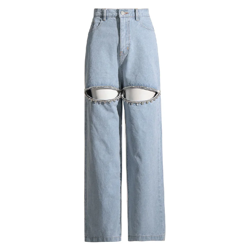 Stylish Crystal Embellished Cutout High Waist Straight Leg Denim Jeans Casual Wide-Legged Denim Jeans Stylish Crystal Embellished Cutout High Waist Straight Leg Denim Jeans Casual Wide-Legged Denim Jeans
