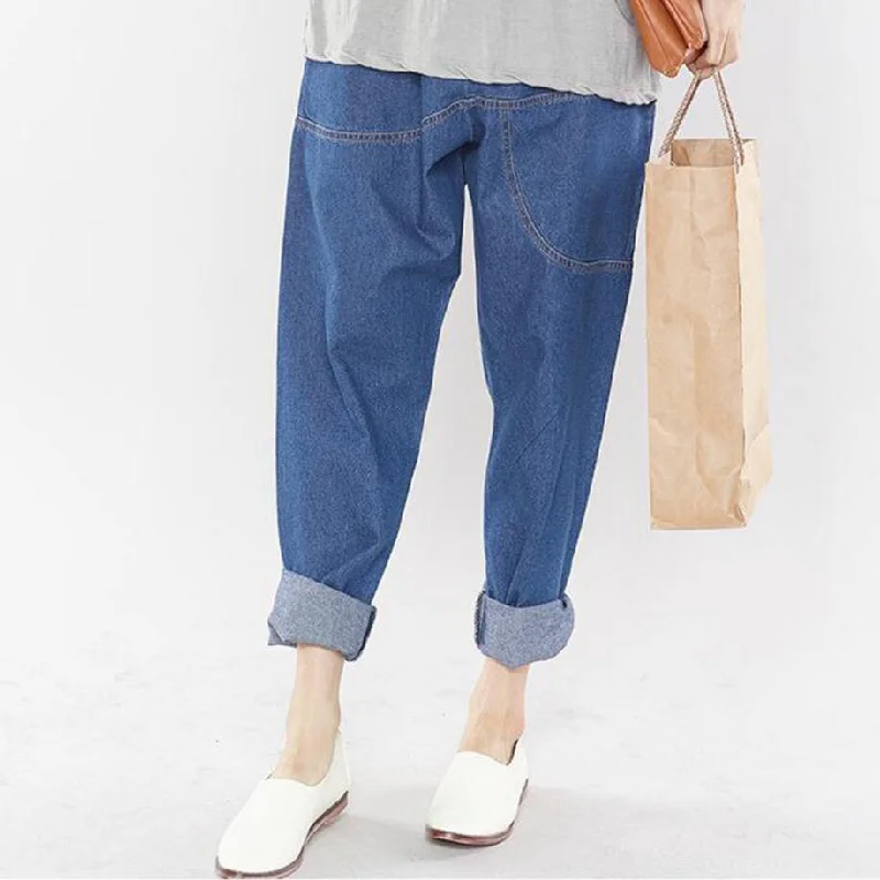 Summer New Plus Size Women's clothing Loose Leisure Harem Pants Solid color Elastic waist Jeans Chic Rip-Detail High-Waist Jeans Summer New Plus Size Women's clothing Loose Leisure Harem Pants Solid color Elastic waist Jeans Chic Rip-Detail High-Waist Jeans