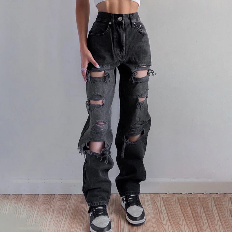 Women High Waist Ripped Jeans Stylish Cargo Style Jeans