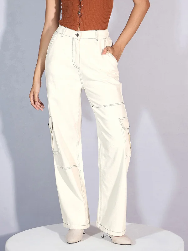 Women White Twill Contrast Stitch Cargo Jeans Trendy Colored Denim Jeans