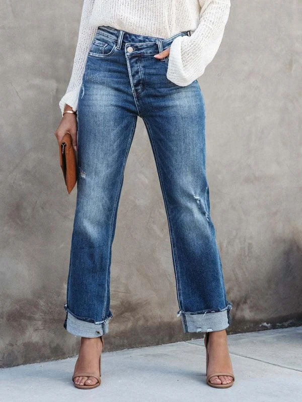 Women's Asymmetrical Flyer Jeans Trendy Pleated Waist Jeans