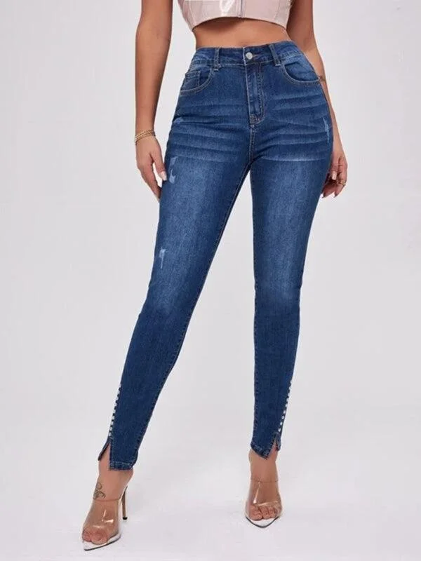 Women's Beaded Slit Jeans Trendy Pleated Waist Jeans