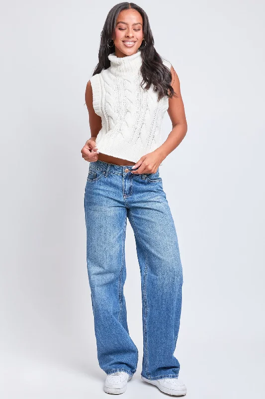 Women's Low Rise Wide Leg Rigid Jeans Trendy Wide-Legged High-Waist Jeans