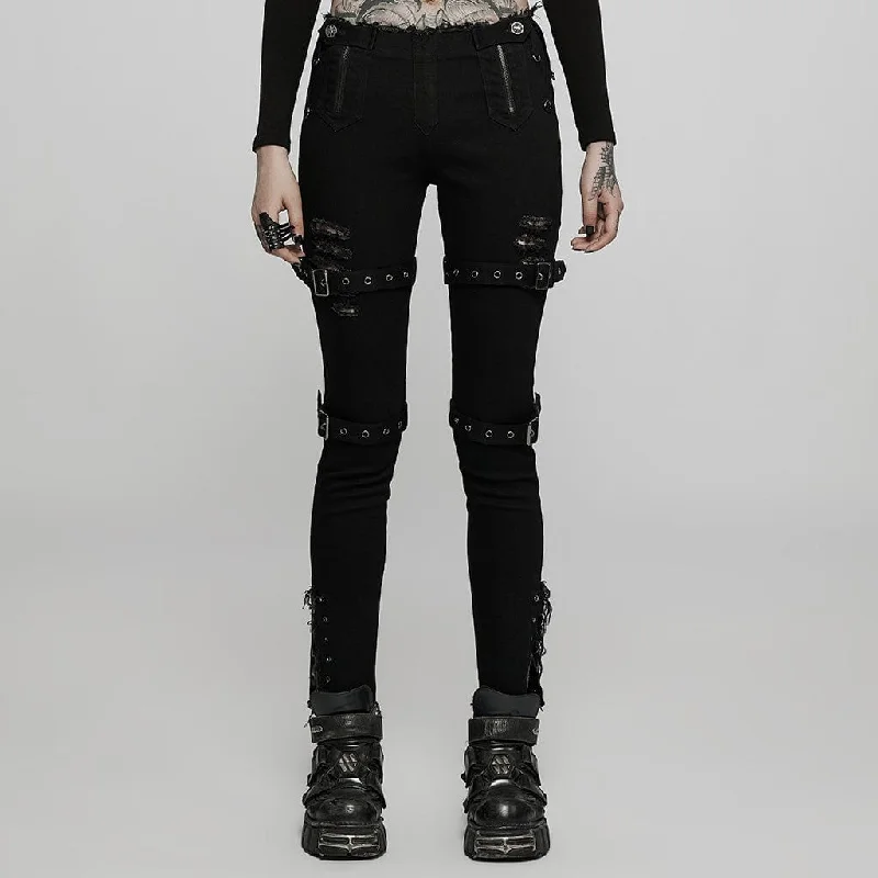 Women's Punk Ripped Straps Skinny Jeans Stylish High-Rise Mom Jeans