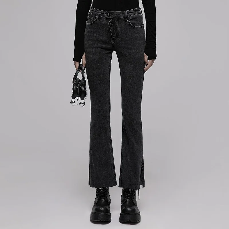 Women's Punk Side Slit Flared Jeans Fashionable Raw Hem Bootcut Jeans