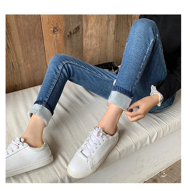 Women's Velvet High Waist Jeans Classic Blue Denim Jeans