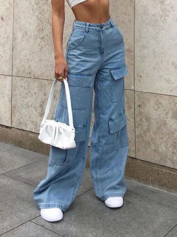 Women's Wide-Leg Cargo Jeans Stylish Tapered Fit Jeans