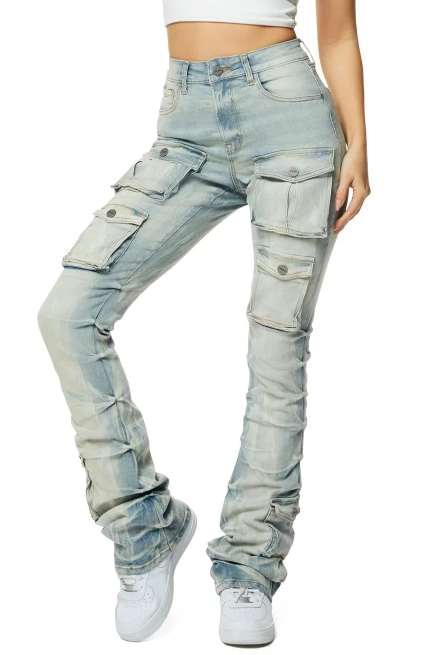 Women's Utility Stacked Jeans Chic Rolled Cuff Denim Jeans