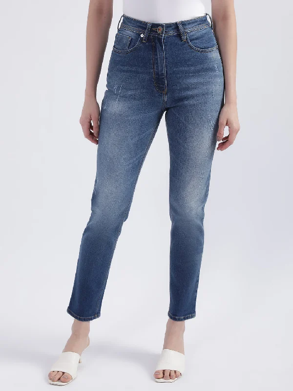 Iconic Women Blue Solid Slim Fit Jeans Elegant Raw Hem Jeans